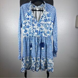 House of Harlow Women’s Boho Blue and White Floral Long Sleeve Dress Size XS